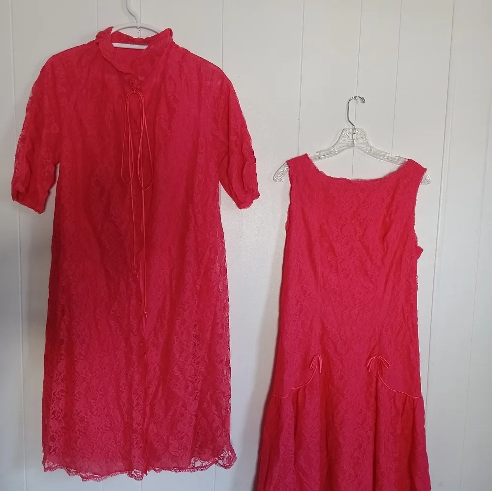 Vintage Gossard Artemis Orange Pink 2pc Ladies Nightgown Robe Set Sz Medium - Picture 3 of 14